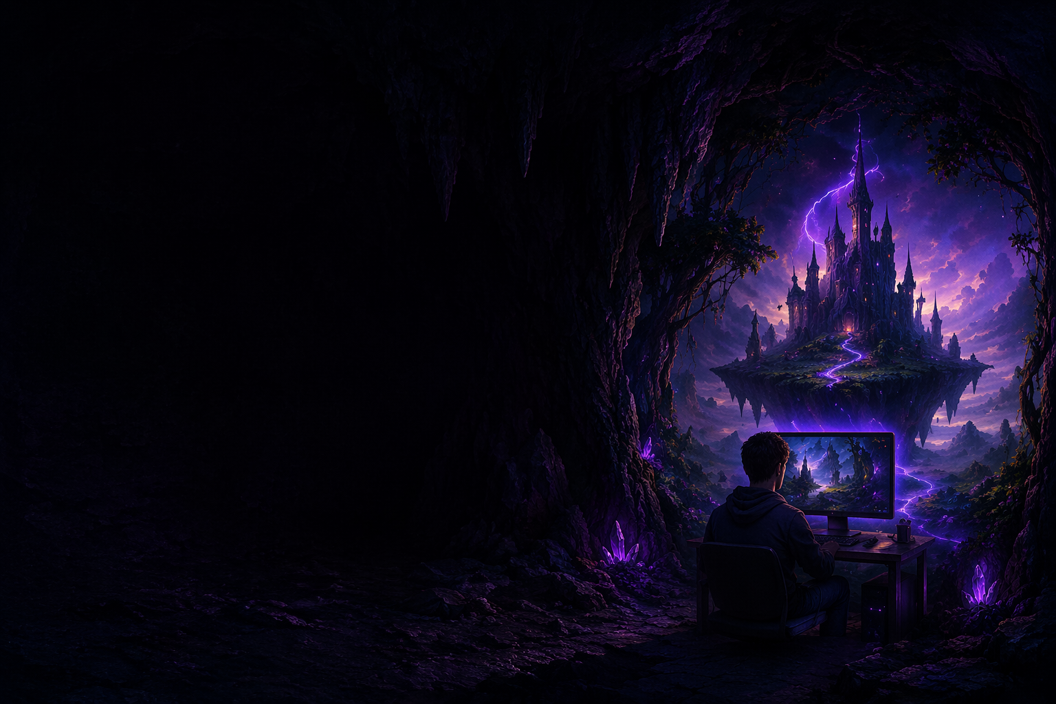 Illustration: an author at a desk inside a cave, with a glowing castle and lightning outside. Dark space on the left for text.